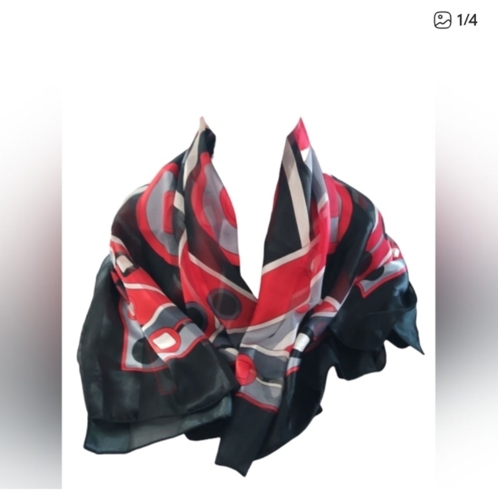 Vintage Geometric Scarf Red Black Gray Polyester - Picture 5 of 5